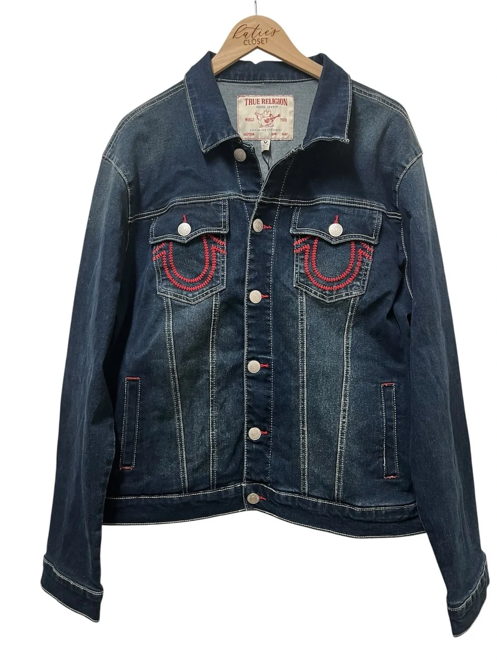 True Religion Men's Denim Red Stitched Trucker's Jacket Size X-Large NWT